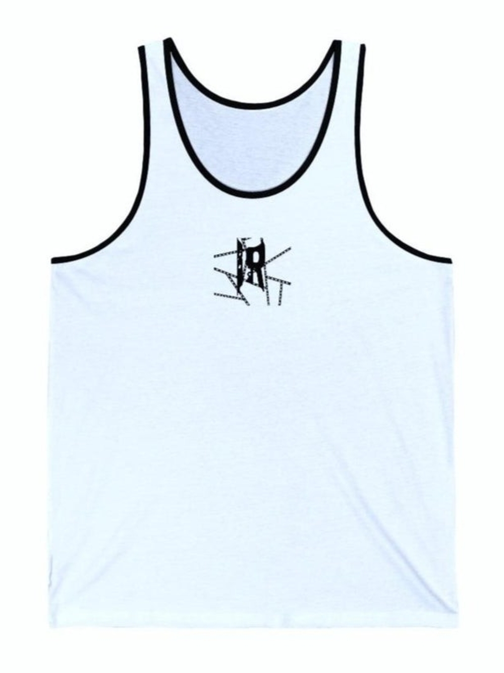 White Jersey Tank Top with Black Trim and Center "IR" Logo Graphic - Unisex Tank